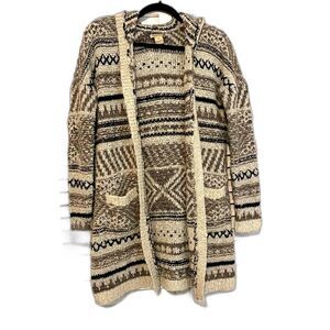 Lucky Brand XS Tribal Neutral Brown Hooded Long Duster Cardigan